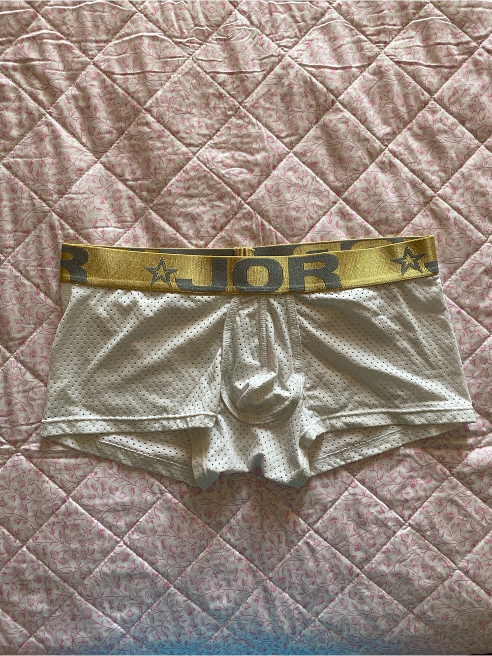 Men’s JOR Gold Waistband White Mesh Trunks - JOR Logo
